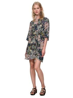 Desigual Mina Women's 3/4 Bangle Sleeve Geometric Tie Front Dress Size 38 NEW